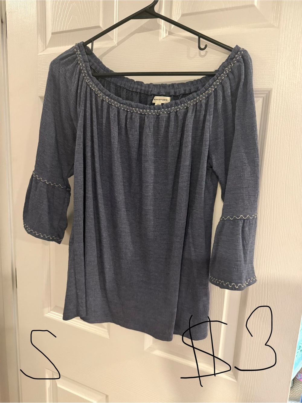 Blue Off-Shoulder Peasant Top with Embroidered Trim